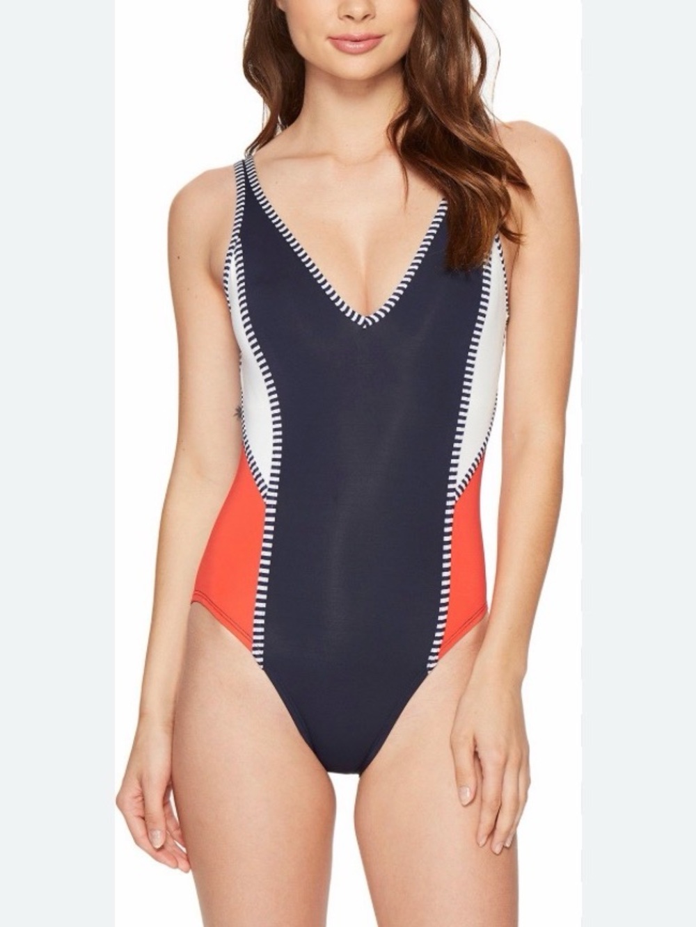 Tommy Hilfiger Colorblock One-Piece Swimsuit Navy White Red 14